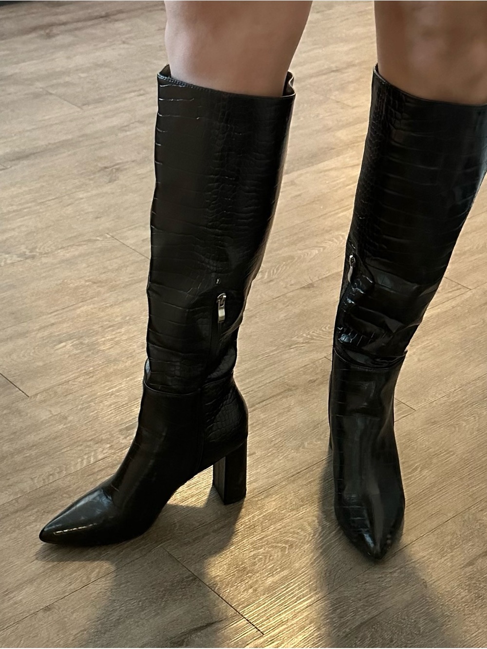 Black Knee-High Pointed Toe Block Heel Boots